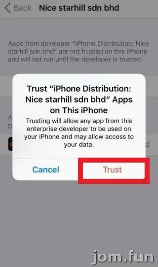 Confirmation dialog titled Trust iPhone Distribution: Nice starhill sdn bhd Apps on This iPhone, with Cancel and a red-outlined Trust button