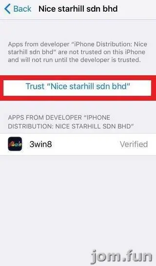 Developer screen with a blue Trust Nice starhill sdn bhd link outlined in red and the 3win8 app listed below as Verified
