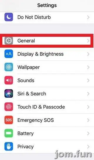 iPhone Settings list with General outlined in red, between Do Not Disturb and Display and Brightness