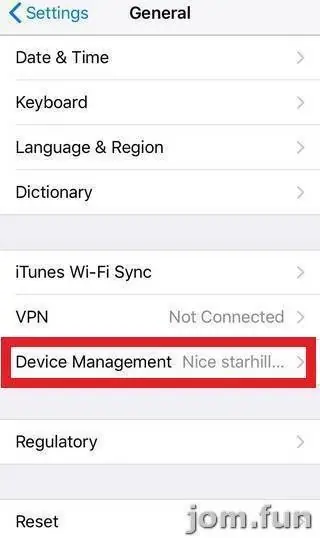 General settings with Device Management outlined in red and the name Nice starhill shown greyed beside it