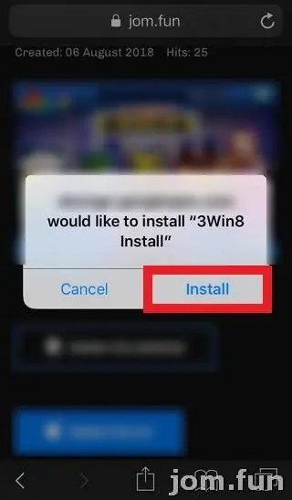 Safari pop-up asking to install 3Win8 Install from a Google cloud storage address, with the Install button outlined in red