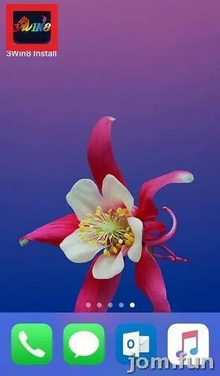 iPhone home screen with a new 3Win8 icon in the top-left corner above a flower wallpaper