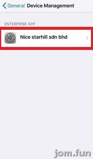 Device Management screen with one Enterprise App entry, Nice starhill sdn bhd, outlined in red