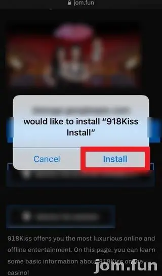 Safari prompt asking to install 918Kiss Install from a Google cloud storage address, with the Install button outlined in red