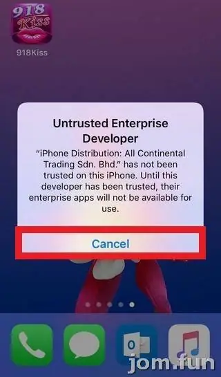 Untrusted Enterprise Developer pop-up naming iPhone Distribution: All Continental Trading Sdn. Bhd., with Cancel outlined in red and the 918Kiss icon top-left