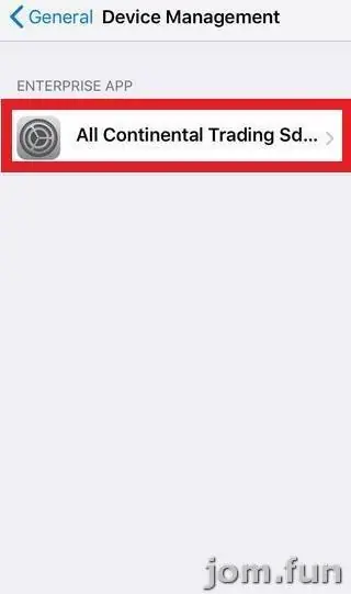 Device Management screen with the Enterprise App entry All Continental Trading Sd... outlined in red