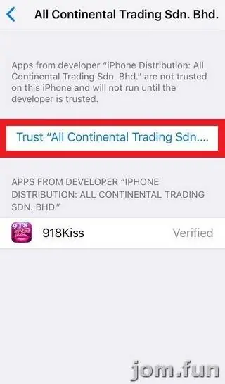Developer page with a red-outlined Trust All Continental Trading link and 918Kiss listed as Verified