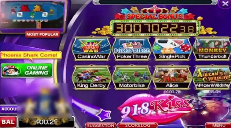 918Kiss lobby with a Special Bonus counter reading 3007022.38 above tiles for Casino War, Poker Three, Single Pick, Thunderbolt, King Derby, Motorbike, Alice and African Wildlife