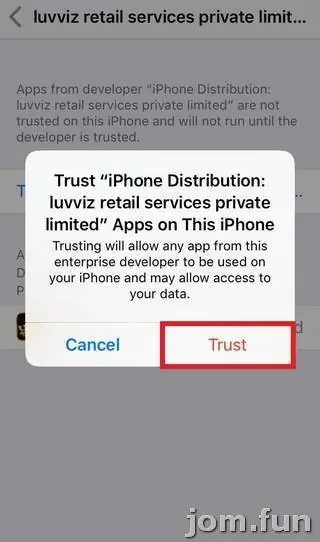 Confirmation pop-up to trust iPhone Distribution: luvviz retail services private limited apps on this iPhone, with the Trust button outlined in red