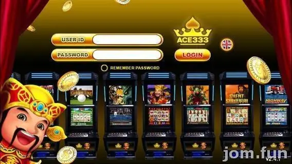 ACE333 login screen with gold USER ID and PASSWORD fields, a LOGIN button, a Remember Password option, a row of slot machine cabinets and a cartoon God of Fortune figure holding a gold coin
