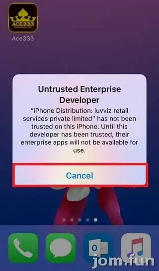 Untrusted Enterprise Developer pop-up naming iPhone Distribution: luvviz retail services private limited, with the Cancel button outlined in red and the ACE333 icon top-left