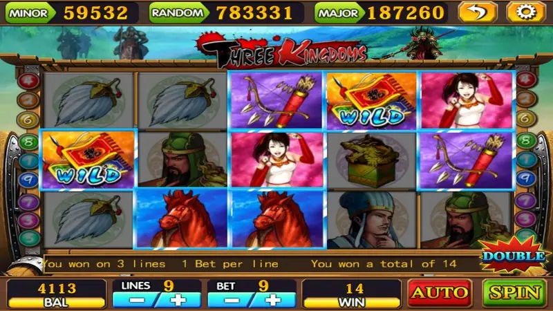 Three Kingdoms slot on 918Kiss with WILD banners, a bow and quiver, red horses and general portraits, won on 3 lines total 14, DOUBLE badge