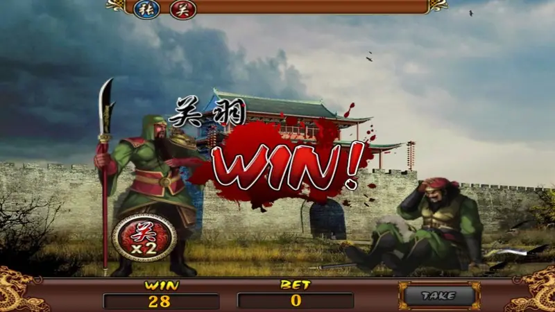 Guan Yu standing over a fallen Zhang Fei with a red WIN splash, WIN 28