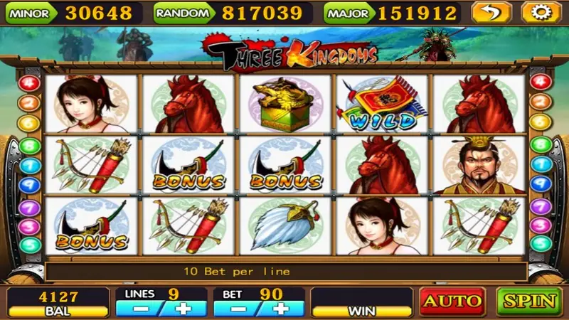 Three Kingdoms at bet 90 with three BONUS feather fans, a WILD banner, two ladies and red horses on the reels