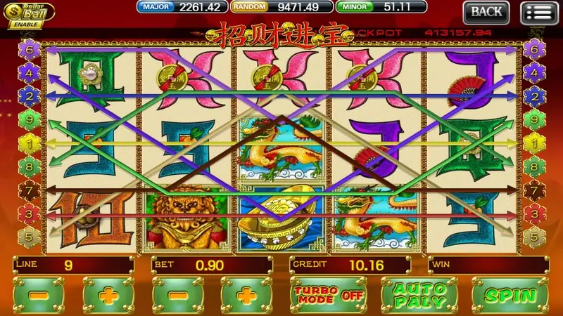 Zhao Cai Jin Bao slot with all nine paylines drawn in colour over pink lotus flowers, gold ingots, a dragon and a lion, LINE 9, BET 0.90, CREDIT 10.16