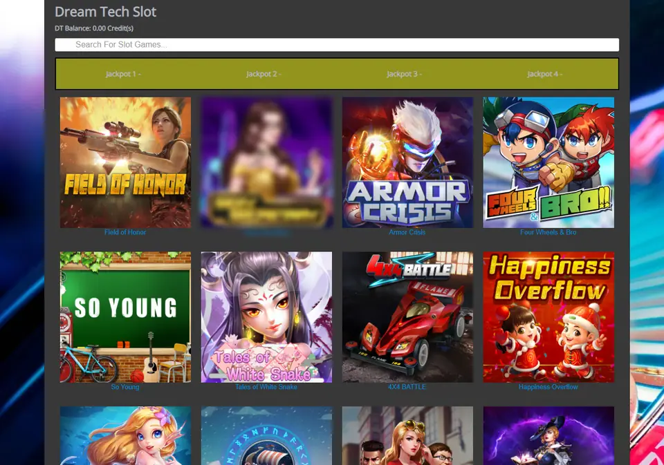 Dream Tech Slot lobby with balance line, search box, four jackpot bars and tiles for Field of Honor, Armor Crisis, Four Wheels and Bro, So Young, Tales of White Snake, 4x4 Battle and Happiness Overflow