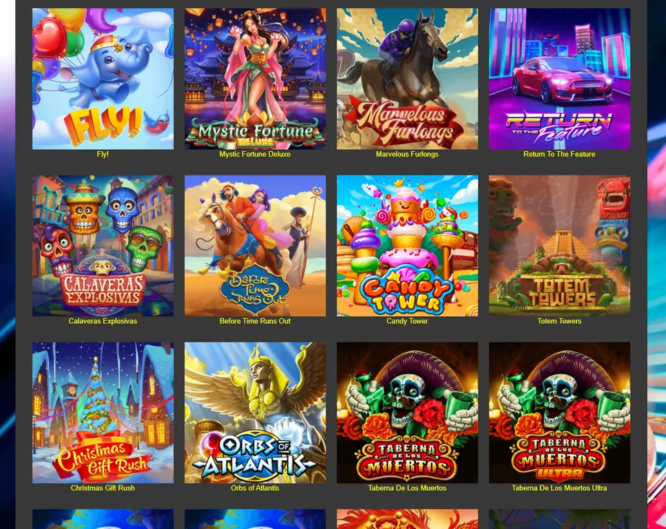 Habanero lobby grid: Fly!, Mystic Fortune Deluxe, Marvelous Furlongs, Return to the Feature, Calaveras Explosivas, Before Time Runs Out, Candy Tower, Totem Towers, Christmas Gift Rush, Orbs of Atlantis and two Taberna De Los Muertos tiles