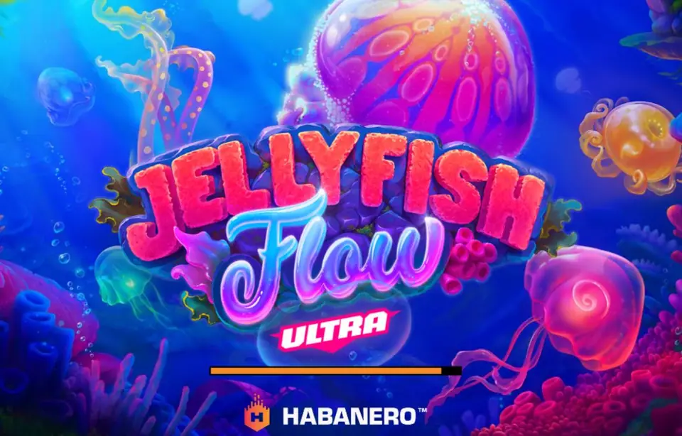 Jellyfish Flow Ultra loading screen: glowing pink and blue lettering over an underwater scene with jellyfish, an orange loading bar and the Habanero logo