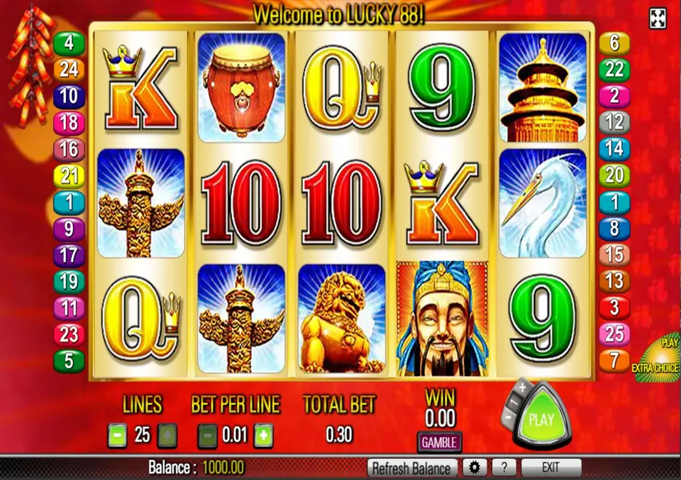 Lucky 88 slot screen with 25 numbered line markers on each side, symbols including a temple, a crane, a golden lion and a smiling man in a blue hat, and a green PLAY button