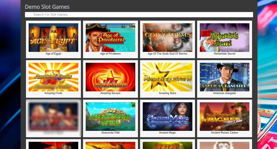Demo Slot Games lobby with a search bar and alphabetical tiles from Age of Egypt to Ancient Riches Casino