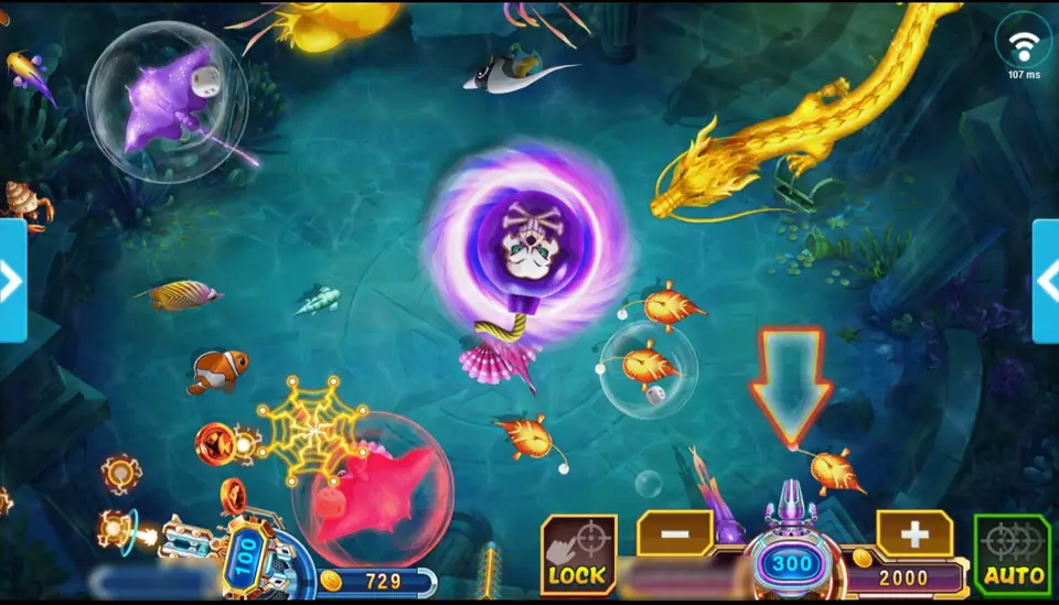 Xi You Fishing: underwater scene with a golden dragon, rays in bubbles, a purple skull vortex, and a cannon marked 300 flanked by minus and plus buttons, LOCK and AUTO