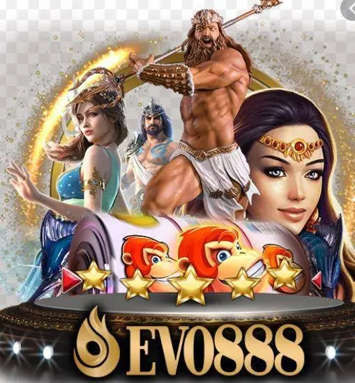 EVO888 artwork with the gold EVO888 logo at the bottom, a bearded god holding a trident, two women in fantasy costume and a reel strip of orange cartoon characters with gold stars