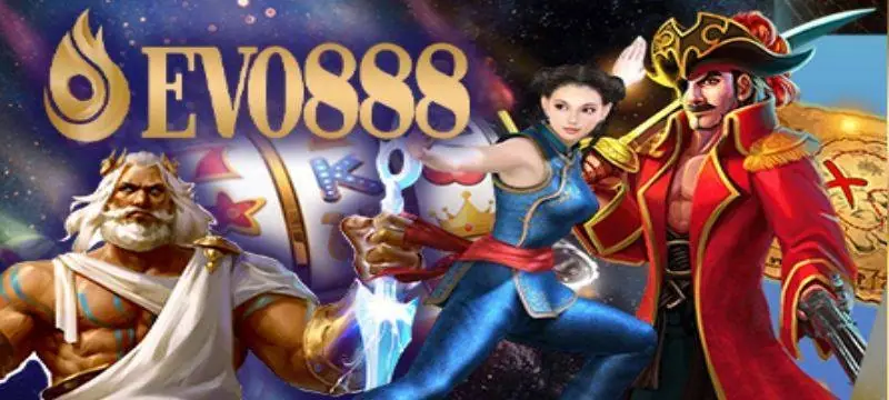 EVO888 banner: gold flame logo on the left, a white-bearded god holding a blue crystal, a young woman warrior with a blade and a pirate captain in a red coat