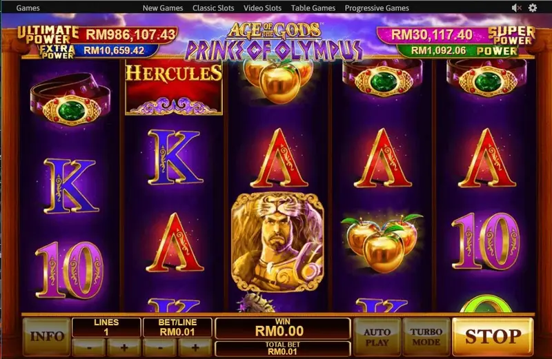 Prince of Olympus reels with a red HERCULES logo tile at the top of reel 2 and a Hercules portrait in a lion-skin headdress on reel 3