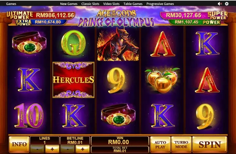 A snarling fire-hound symbol on reel 3 next to a HERCULES tile on reel 2, with RM0.00 in the WIN box