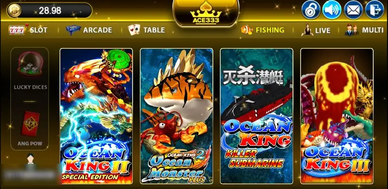 ACE333 lobby with Slot, Arcade, Table, Fishing, Live and Multi tabs above four fishing game tiles, balance shown top-left