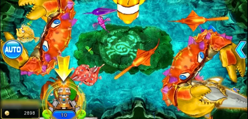 ACE333 fishing game with crabs, a sawfish and tropical fish around a mossy rock, one cannon at the bottom set to 10 and an Auto button on the left