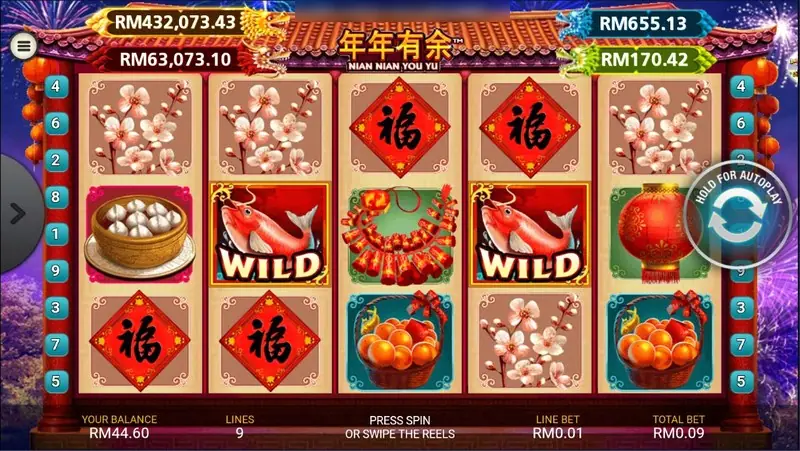 NTC33 Nian Nian You Yu slot with red Chinese-style symbols, two WILD tiles, four jackpot boxes along the top reading RM332,073.43, RM63,073.10, RM655.13 and RM170.42, and a total bet of RM0.09 on 9 lines