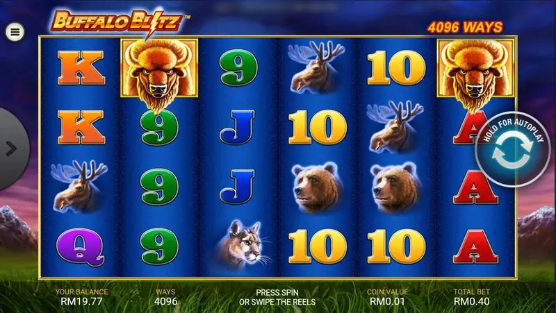 Rollex11 Buffalo Blitz slot with buffalo, deer, cougar and bear symbols, 4096 ways, balance RM19.77 and total bet RM0.40