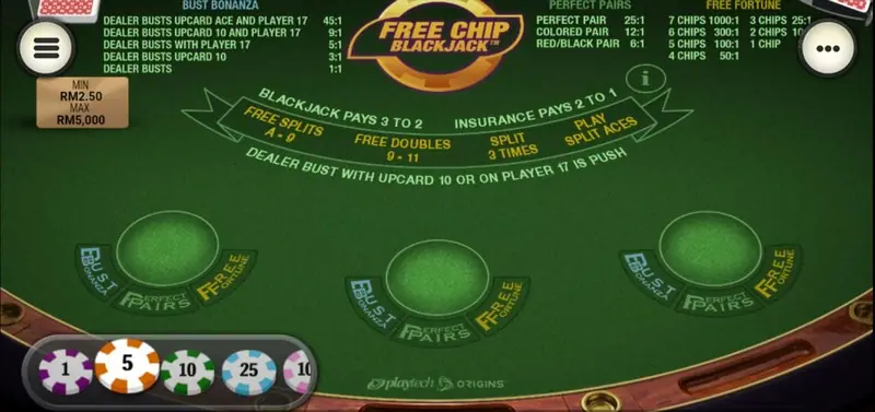 Rollex11 Free Chip Blackjack table on green felt with a MIN RM2.50 MAX RM5,000 sign, Free Splits A-9, Free Doubles 9-11 and Split 3 Times printed on the layout, side-bet boxes for Bust Bonanza, Perfect Pairs and Free Fortune, and chips of 1, 5, 10 and 25