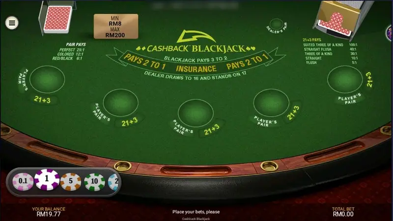 Rollex11 Cashback Blackjack table with a MIN RM8 MAX RM200 sign, Pays 2 to 1 insurance text, five betting spots with Player's Pair and 21+3 side bets, and a balance of RM19.77