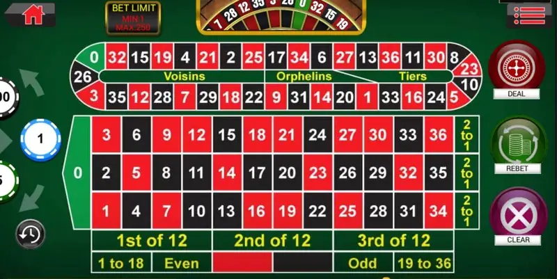 SKY777 roulette table with numbers 0 to 36, dozen bets, even and odd boxes and chip buttons on a green felt