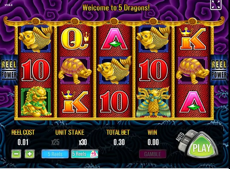 Star996 5 Dragons slot with gold fish, turtles, a lion statue and a phoenix on red reels, Welcome to 5 Dragons at the top, reel cost 0.01, unit stake x30 and total bet 0.30 beside a green PLAY button