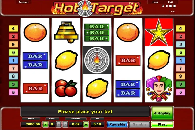 Star996 Hot Target slot with oranges, lemons, cherries, BAR symbols, a bell, a flaming target, a red star and a jester, credit 2000.00, 9 lines at 0.02 and a green Start button