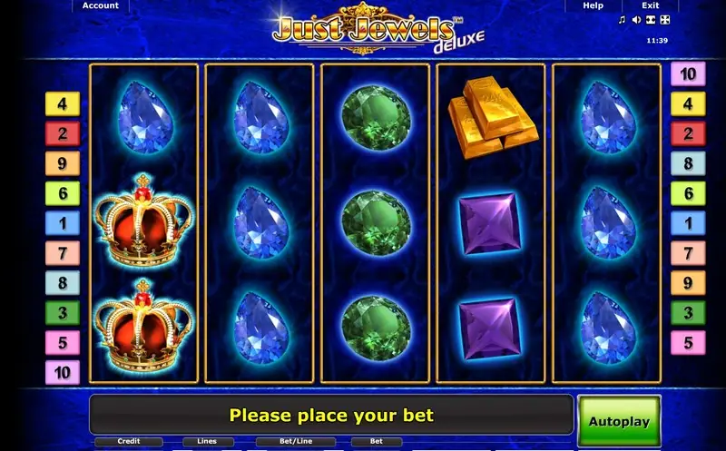Star996 Just Jewels Deluxe slot with crowns, gold bars and blue, green and purple gems on dark blue reels