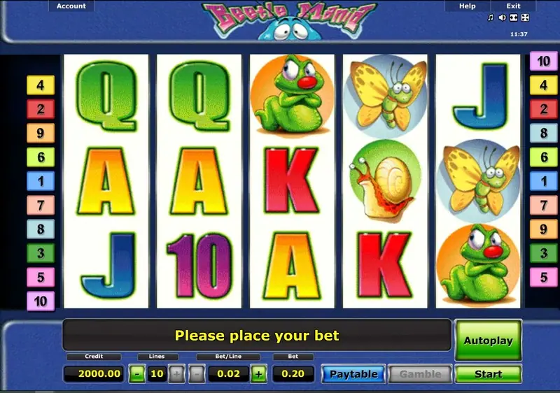 Star996 Beetle Mania slot with frogs, beetles, butterflies and card letters on a blue frame, 10 lines at 0.02