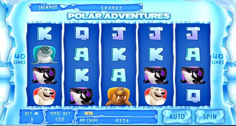 XE88 Polar Adventures slot with seals, orcas, a polar bear and a walrus on icy blue reels, 40 LINES on both sides, BET 3, TOTAL BET 120 and a JACKPOT counter on top
