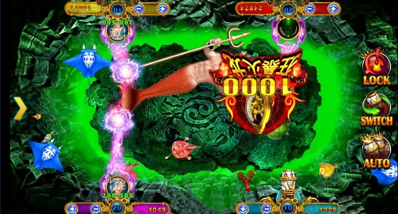 XE88 Ocean King fish room with a merman holding a trident, a 1000 prize badge, manta rays and small fish, player cannons in each corner and LOCK, SWITCH and AUTO buttons on the right