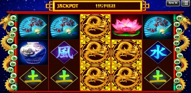 XE88 Mystic China slot with gold dragon tiles stacked on reels 3 and 4, paper fans, a lotus, a blue vase and 風, 水 and 土 characters, JACKPOT 1151468 at the top