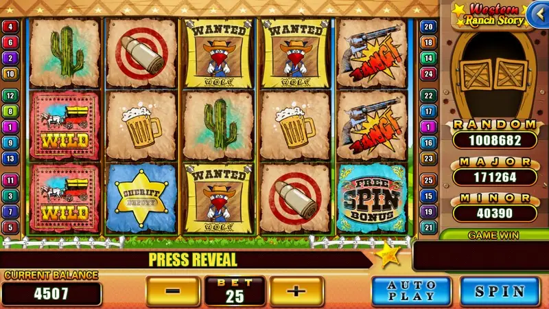 Western Ranch Story reels with cactus, a bullet on a target, Wanted posters, a revolver going BANG, covered wagon WILDs, a sheriff star and a FREE SPIN BONUS tile