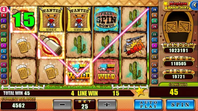 Western Ranch Story four-line win of 15 through beer mugs and a covered wagon WILD, TOTAL WIN 45