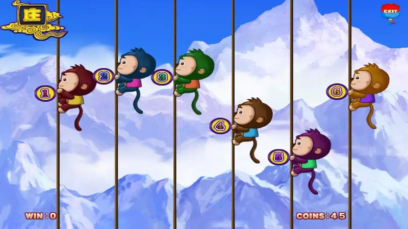Six cartoon monkeys numbered 1 to 6 climbing ropes against snowy mountains, WIN 0 and COINS 45 at the bottom