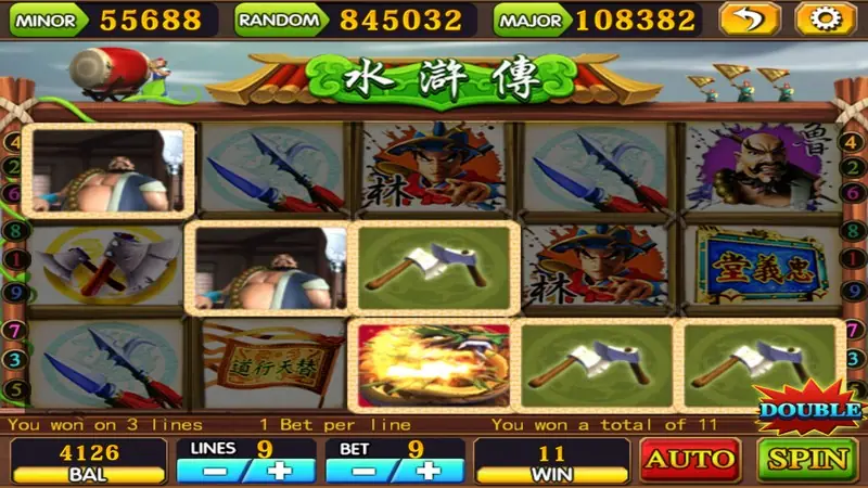 Water Margin win on 3 lines totalling 11, with highlighted axe and warrior symbols and a DOUBLE badge