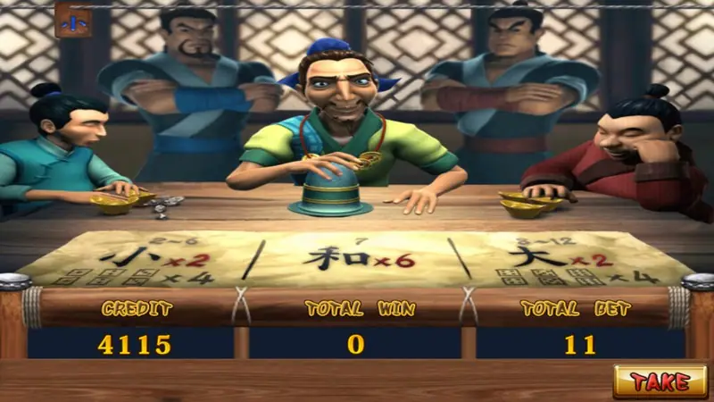 Water Margin dice double: a dealer holding a dice cup, onlookers around the table, a paper mat marked small x2 for 2-6, 7 x6, big x2 for 8-12, CREDIT 4115, TOTAL BET 11