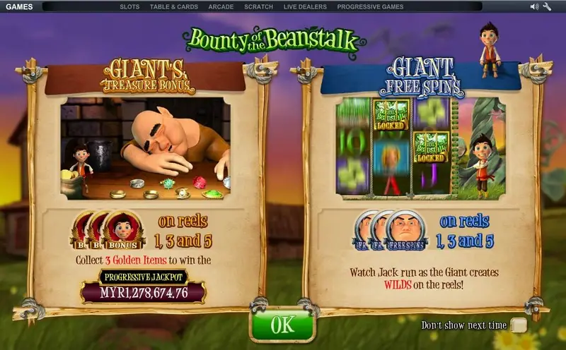Intro card for Giant's Treasure Bonus and Giant Free Spins, with the progressive jackpot at MYR1,278,674.76