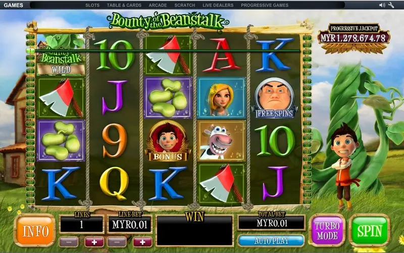 Bounty of the Beanstalk reels with an axe, beans, a blonde girl, a grinning cow, a BONUS Jack tile and a FREE SPINS giant, with a PROGRESSIVE JACKPOT box reading MYR 1,278,674.78